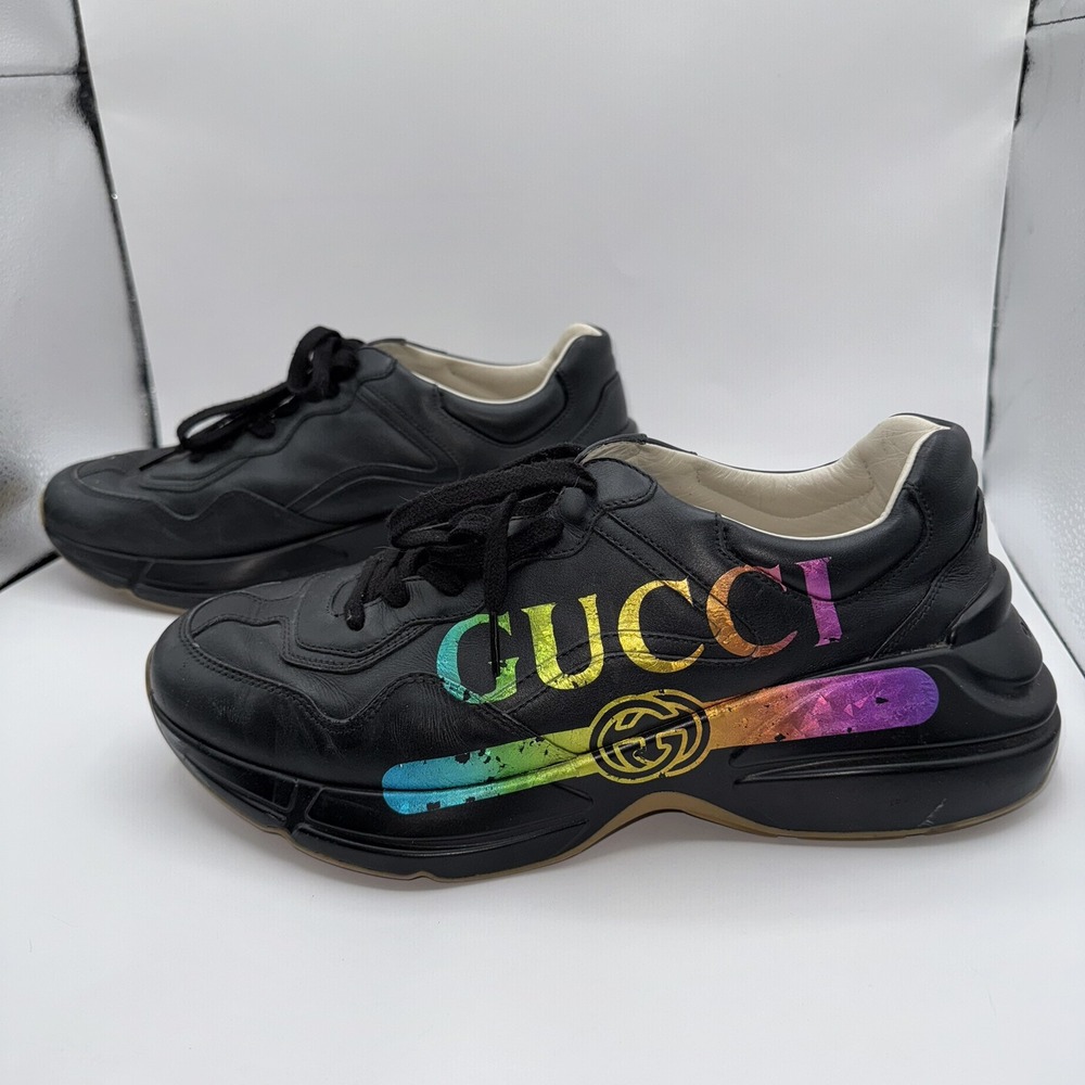 Gucci Men's 11 Black Rhyton Iridescent Rainbow Logo Apollo Nero Sneaker Shoes - Picture 6 of 13